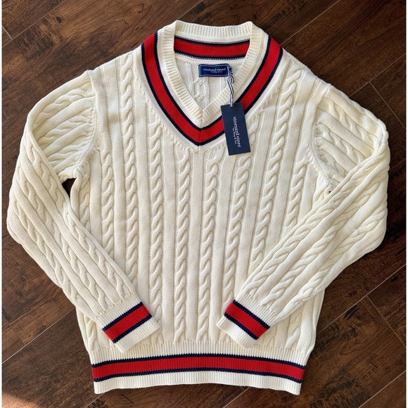 Vineyard Vines Heritage Varsity Sweater Men's Medium V-Neck Cable Knit NWT $265